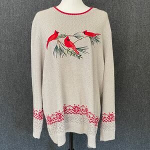 Women’s Gray Sweater Red Cardinals Pine Tree Winter Holiday Knit Pullover Size L